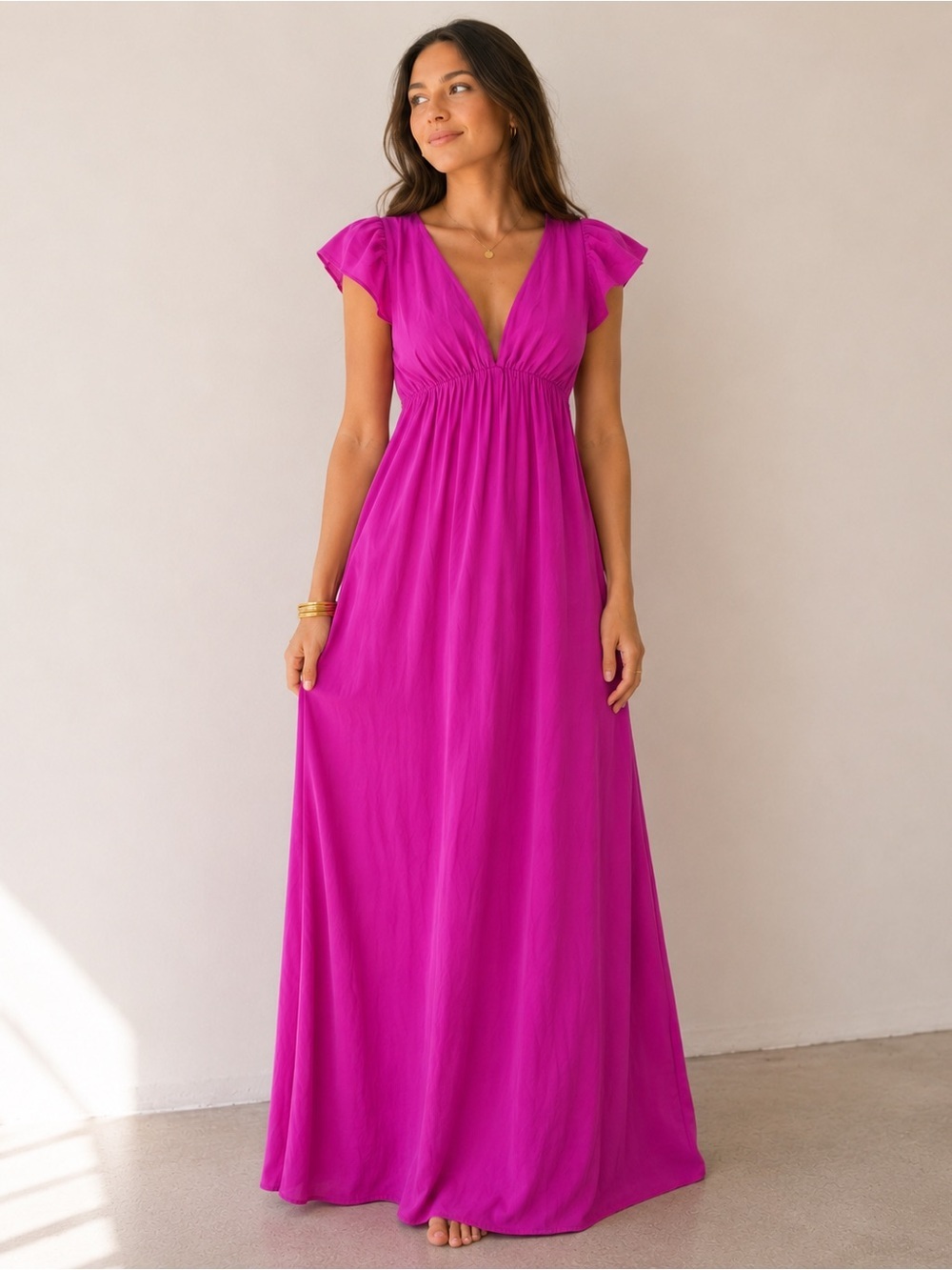 Gianni Bini Fuchsia V-Neck Flutter Sleeve Maxi in Pink
